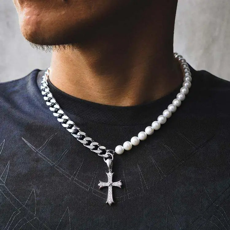 Men's Stainless Steel Freshwater Pearl Rhinestone Cross Pendant Chain - Yoyisjewelry