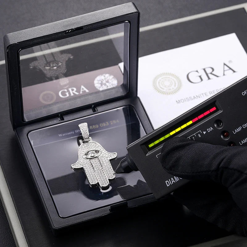 Sterling Silver Moissanite Evil Eye Hamsa Hand Pendant Chain - Yoyisjewelry