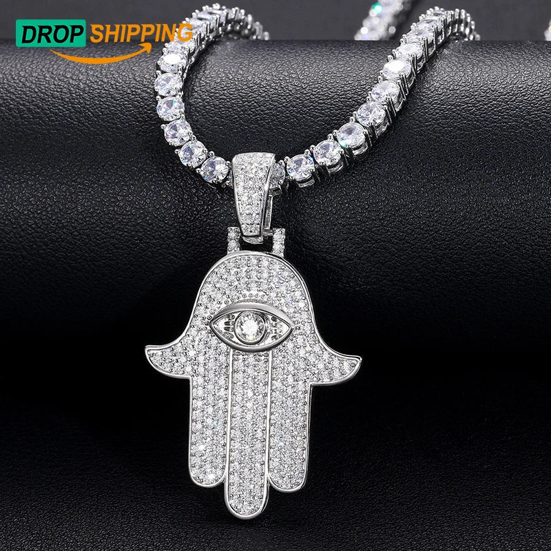 Sterling Silver Moissanite Evil Eye Hamsa Hand Pendant Chain - Yoyisjewelry