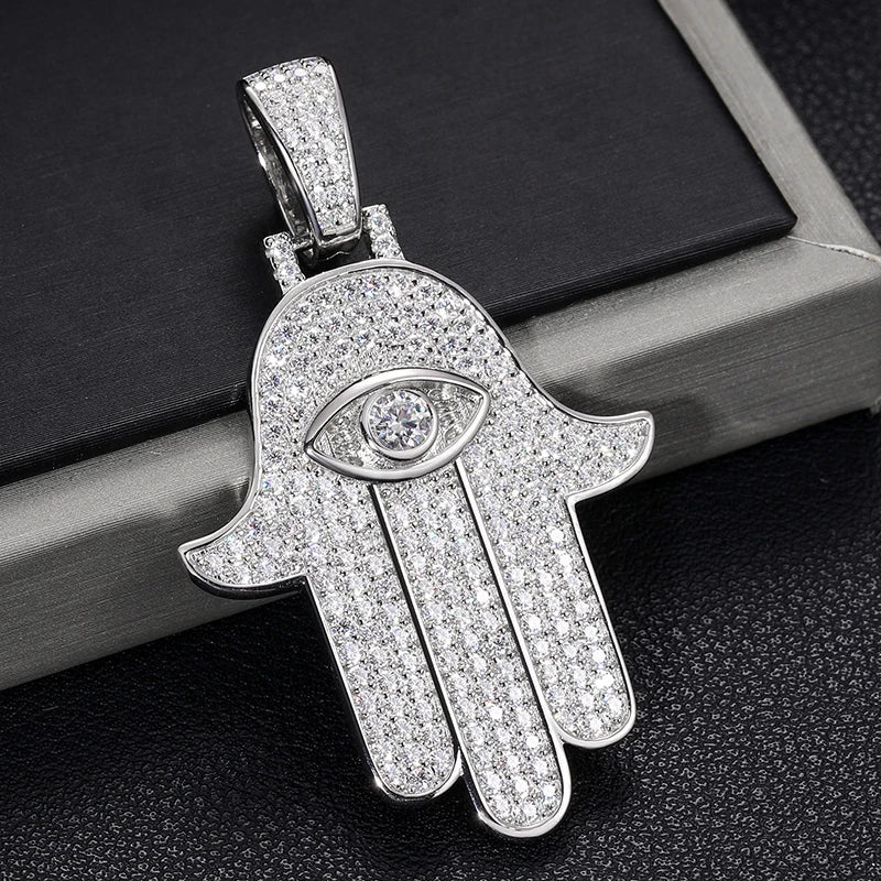 Sterling Silver Moissanite Evil Eye Hamsa Hand Pendant Chain - Yoyisjewelry
