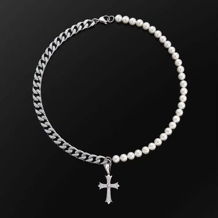 Men's Stainless Steel Freshwater Pearl Rhinestone Cross Pendant Chain - Yoyisjewelry