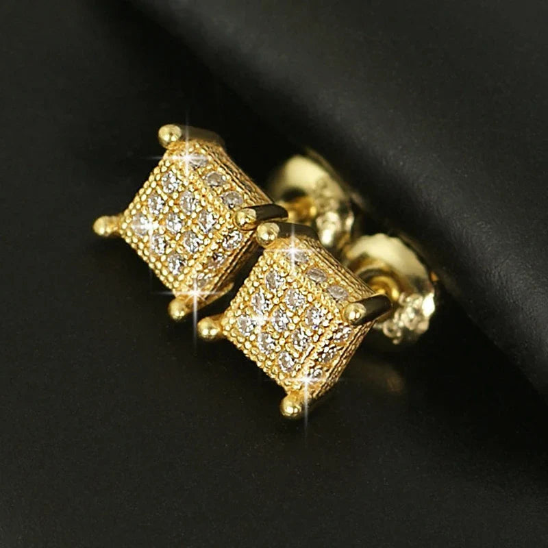 Men's Gold Moissanite 3D Cube Box Stud Earrings - Yoyisjewelry