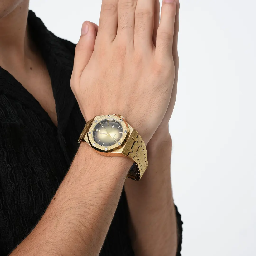 ICEGANG original salted egg yolk gradient frosted gold watch sun pattern gold watch unisex watch - Yoyisjewelry